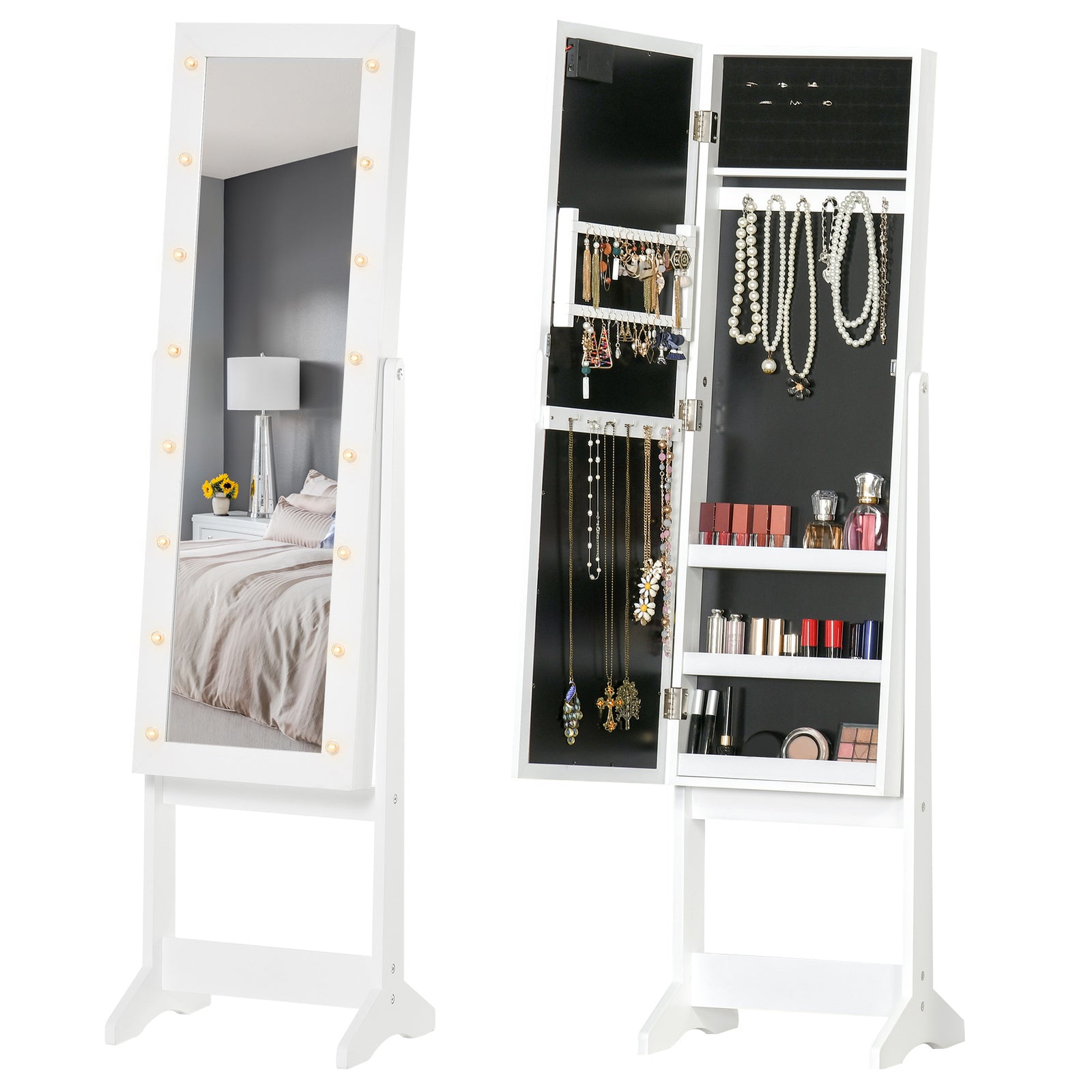 Free Standing Led Mirrored Jewelry Cabinet Armoire