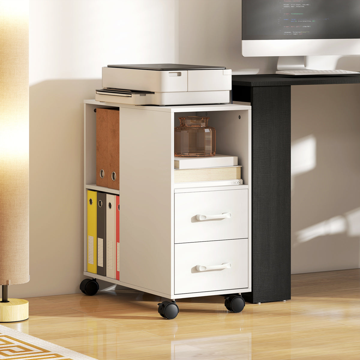 HOMCOM Mobile Printer Table With Drawers On Wheels For Home Office, White