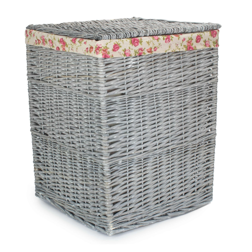 Grey Wash Square Laundry Basket With Garden Rose Lining | Small | Rose