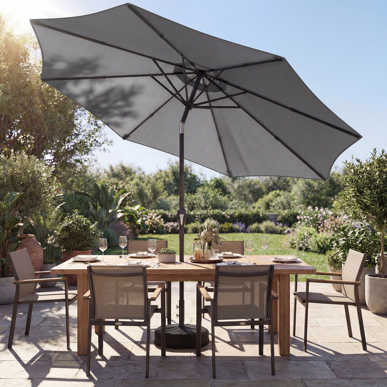 2.7 M Garden Parasol Umbrella With Cross Base, Sandbag | Light Grey