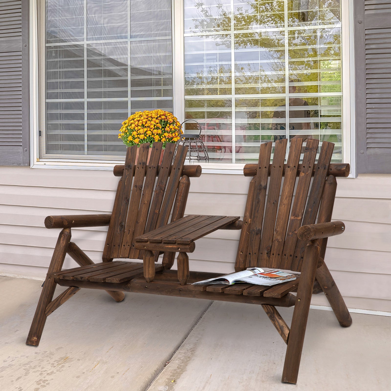Wood Patio Chair Loveseat 2 Seats With Center Coffee Table