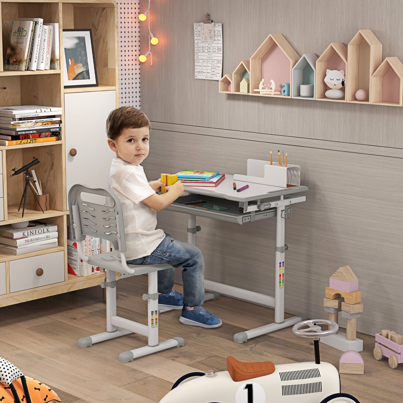 Kids Desk And Chair Set W/ Drawer, Pen Slot Hook | Grey