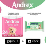 Andrex Gentle 2-ply Toilet Paper 24 Rolls + Ultra Care Washlets 12 Pack