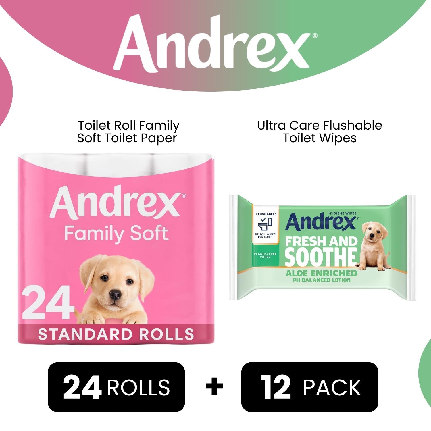 Andrex Gentle 2-ply Toilet Paper 24 Rolls + Ultra Care Washlets 12 Pack