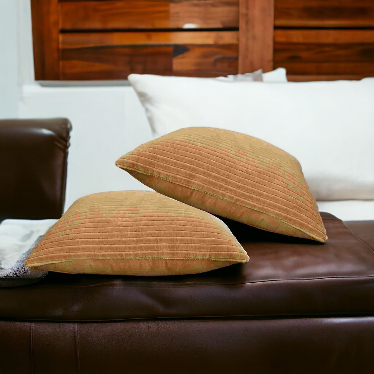 Ribbed Cushion Set, Velvet Fabric | Set of 2 | Mustard