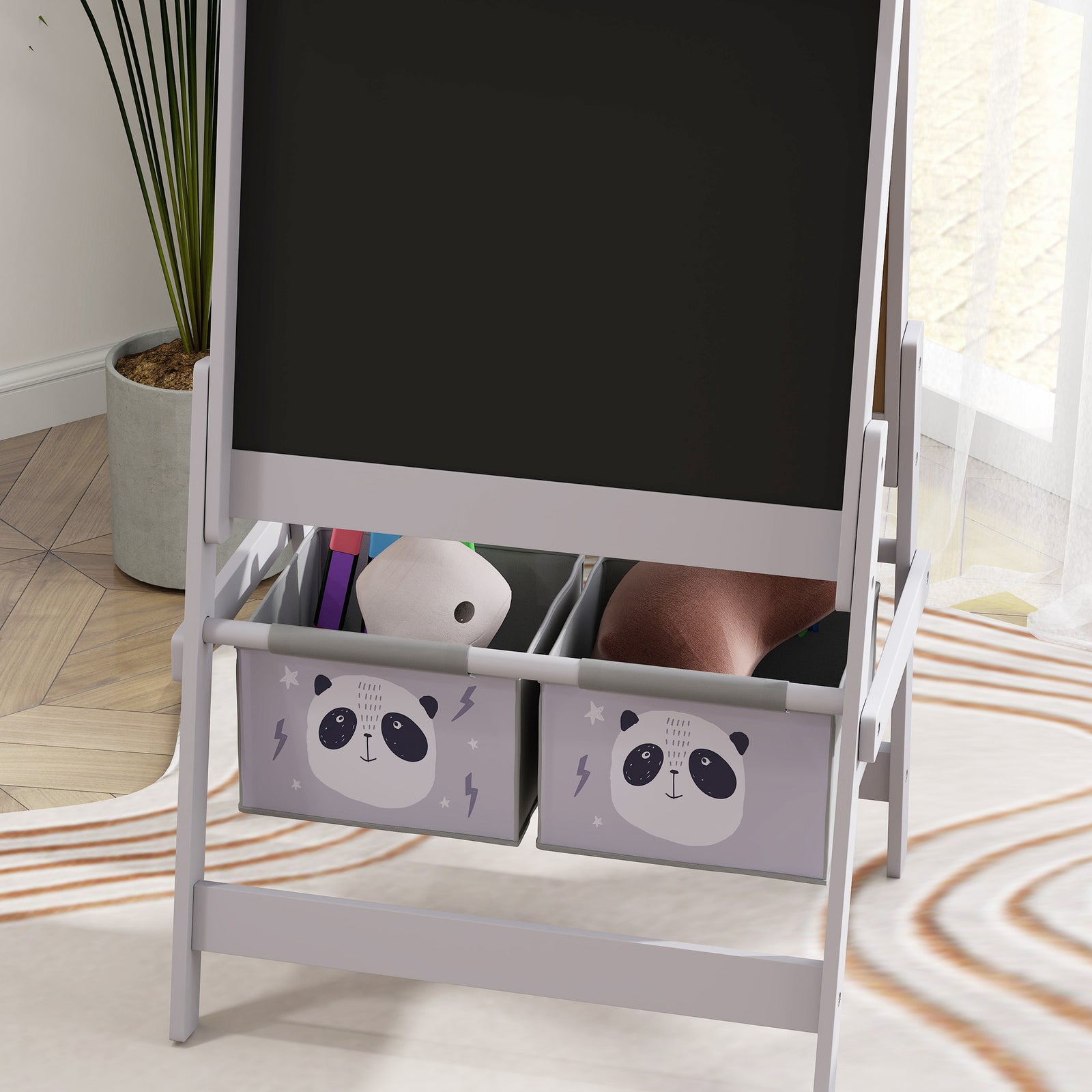 Kids Easel With Paper Roll, Blackboard, Whiteboard, Storage, Grey