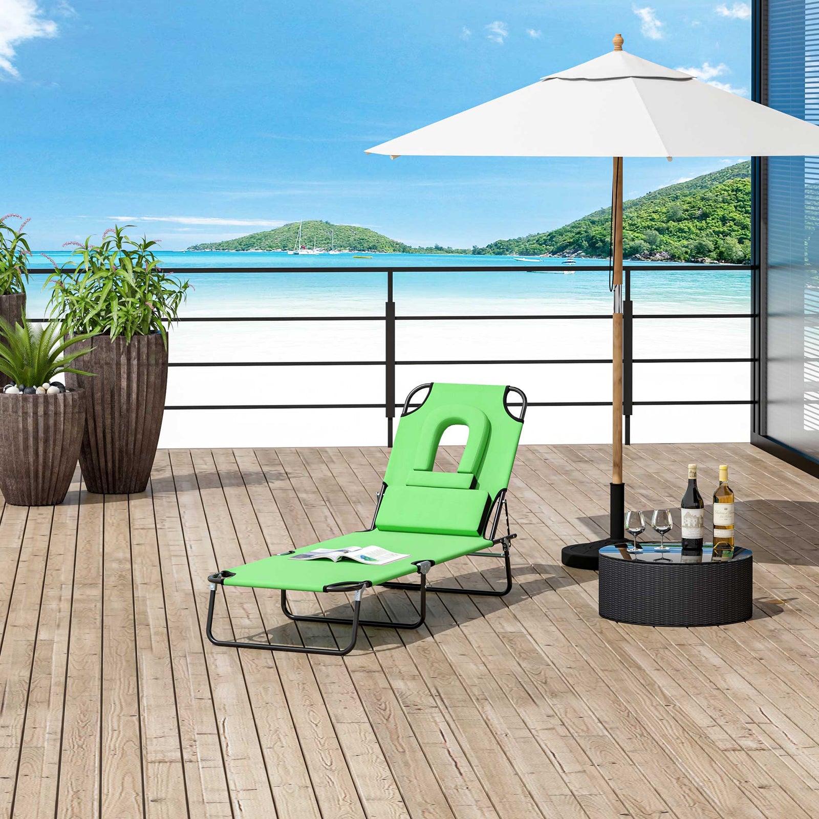 Garden Sun Lounger Folding Recliner Chair | Set of 1 | Green