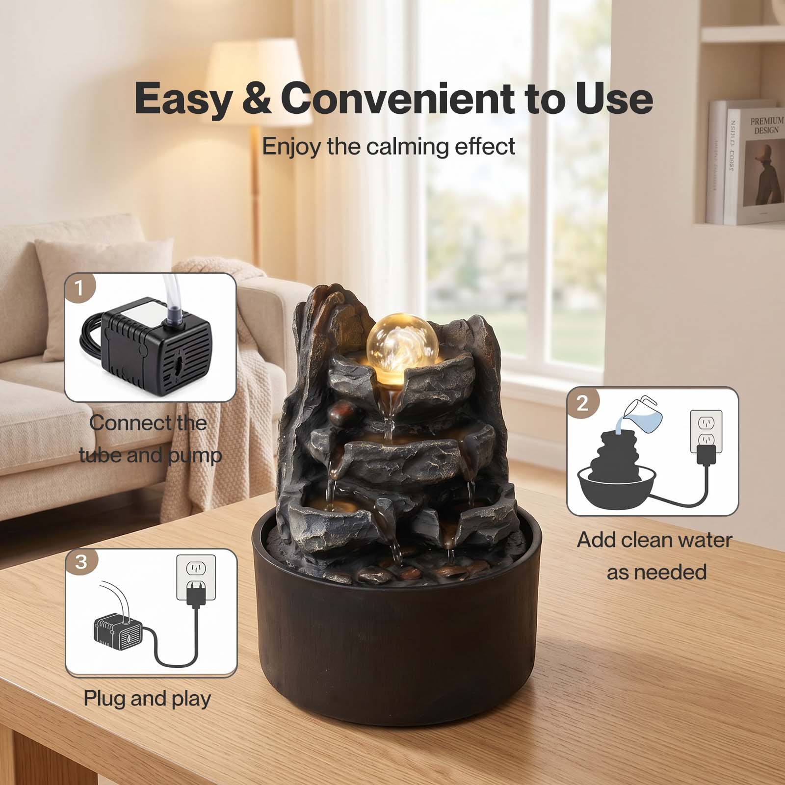Spector Water Feature Indoor Fountains Rotating Glass Ball Led Light Resin Grey Brown