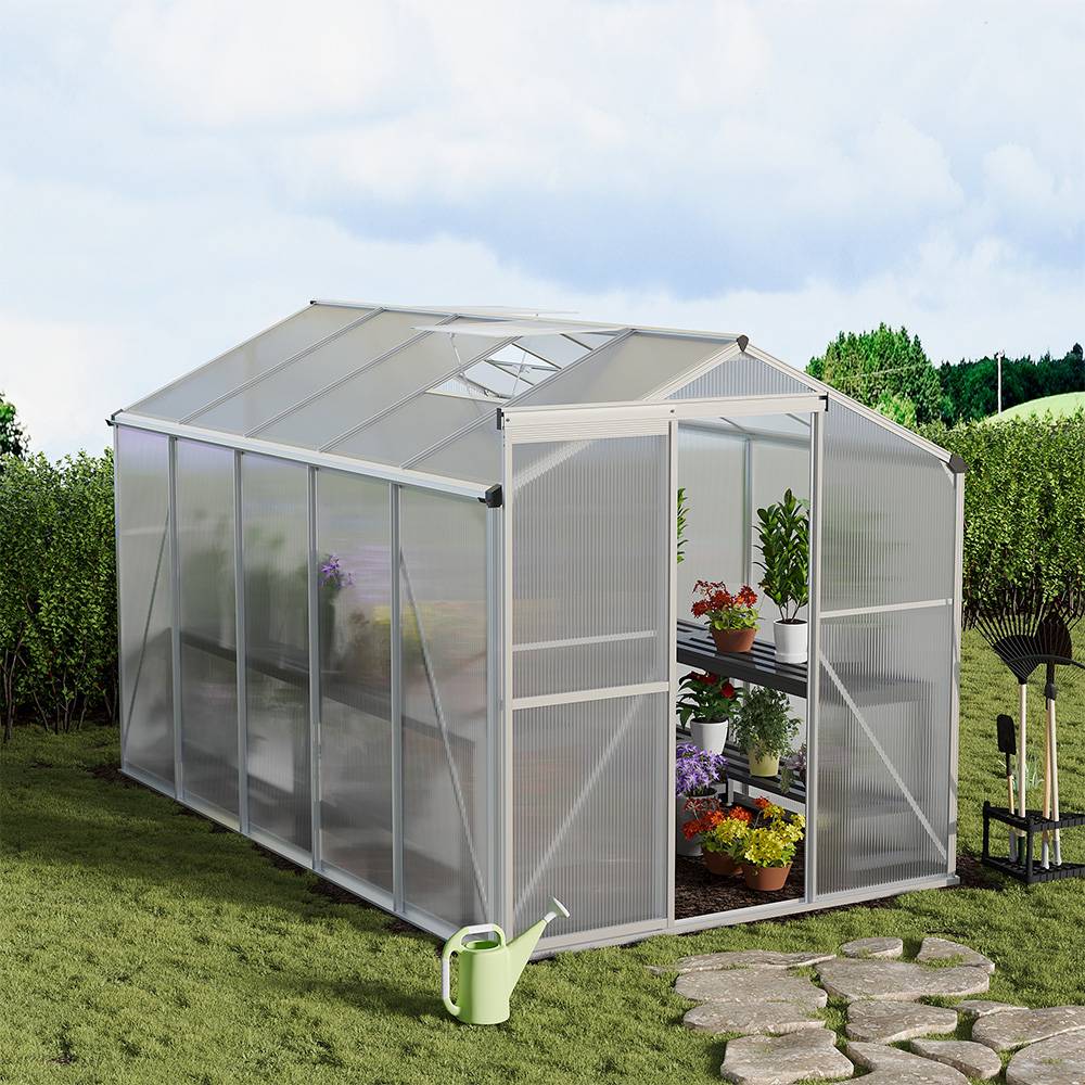 Polycarbonate Greenhouse– Aluminum Frame Walk-in Greenhouse With Sliding Door & 2 Ventilation Window For Plants & Flowers | White