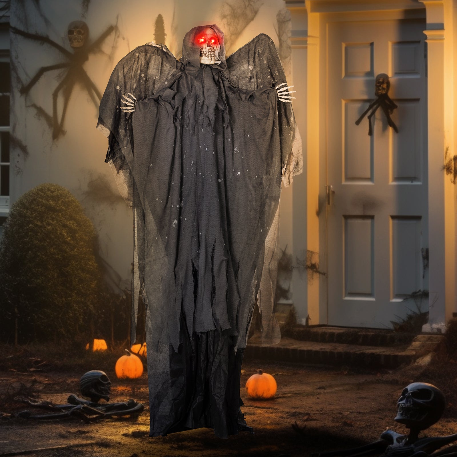 Winged Grim Reaper Animatronic Prop W/ Light Up Eyes, For Haunted House