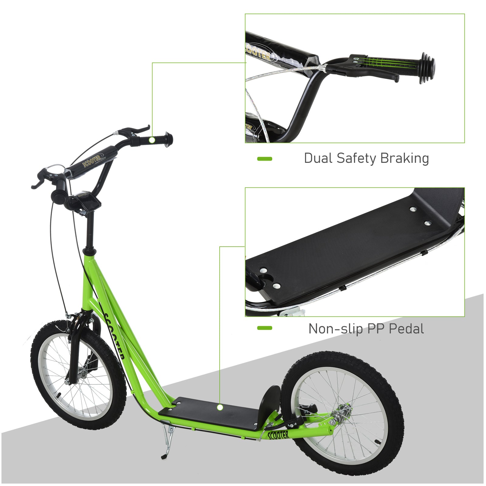 90-96cm Kids Kick Scooter W/ Adjustable Handlebar Inflatable Wheels | Green