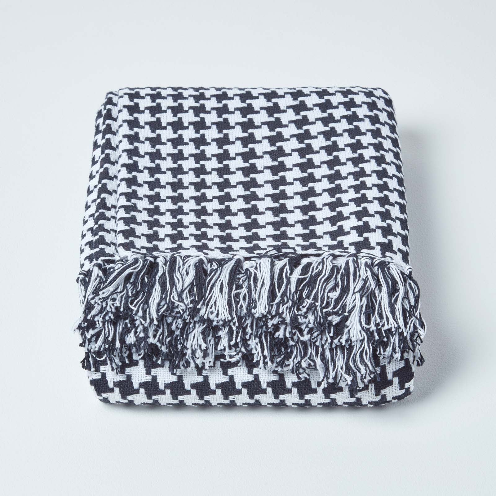 Houndstooth Design 100% Cotton Bedspread Throw | 225cm x 255cm | Black