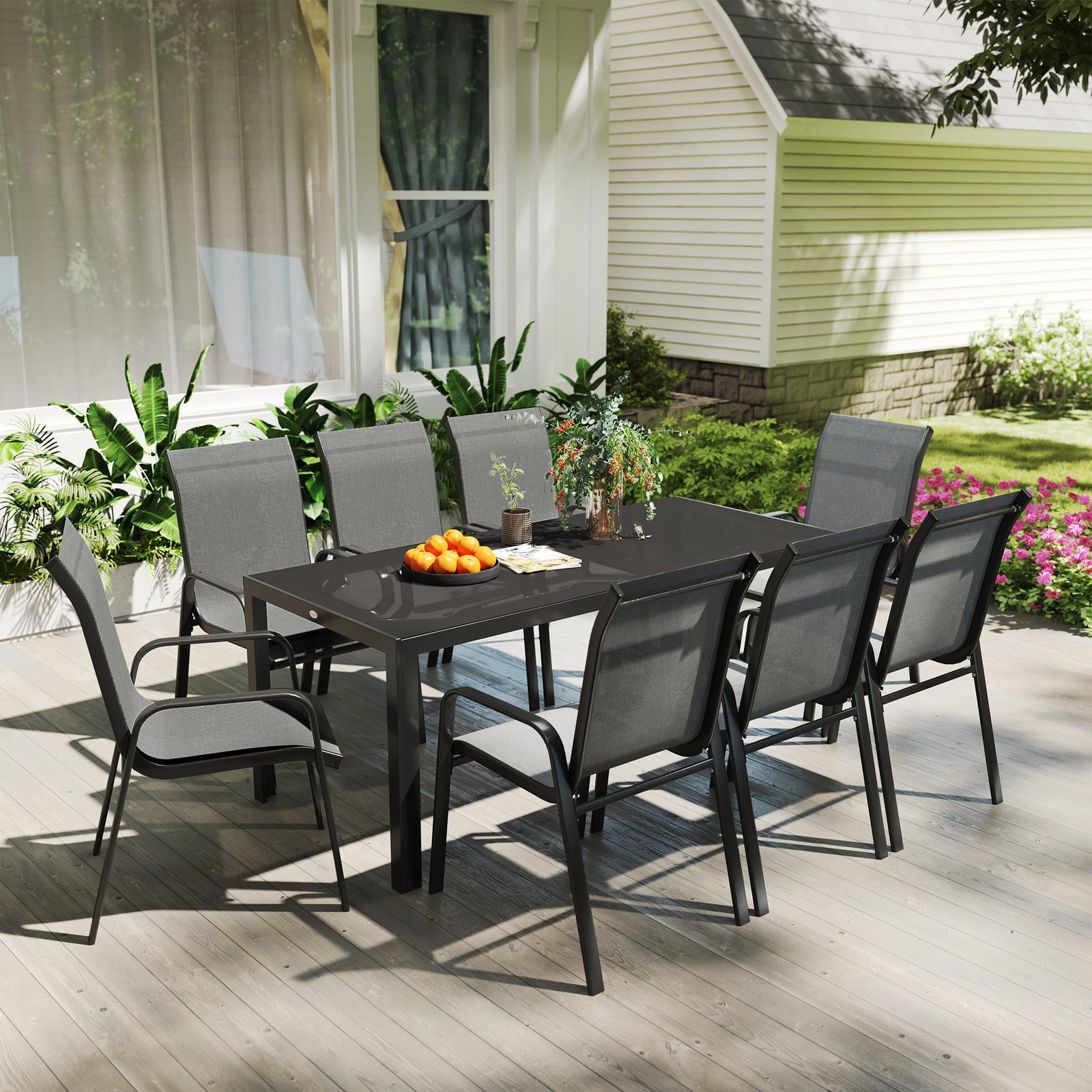 9 Pieces Patio Dining Set With Stackable Chairs | Dark Gray