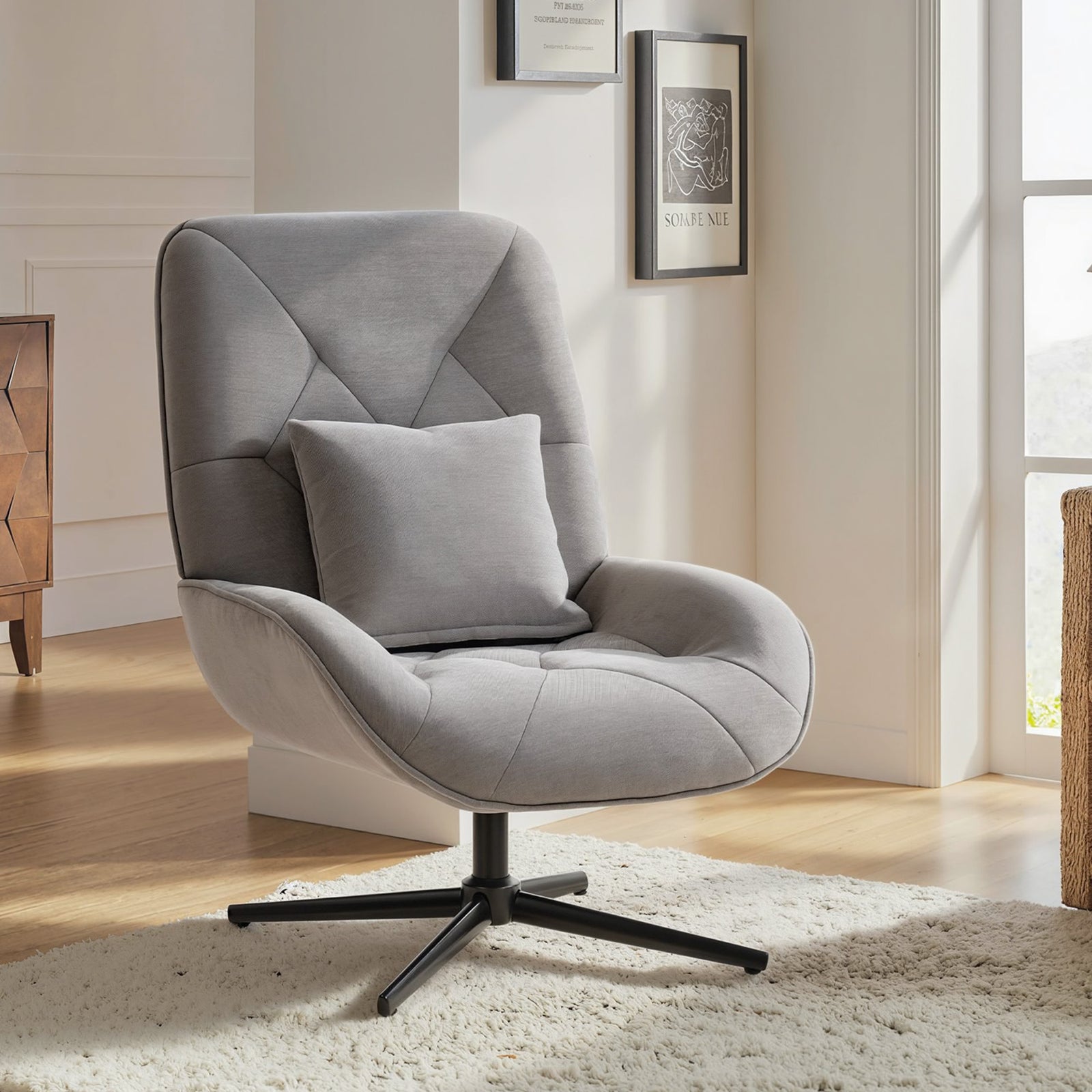 Swivel Accent Chair, Chenille Armchair With Lumbar Pillow | Light Grey