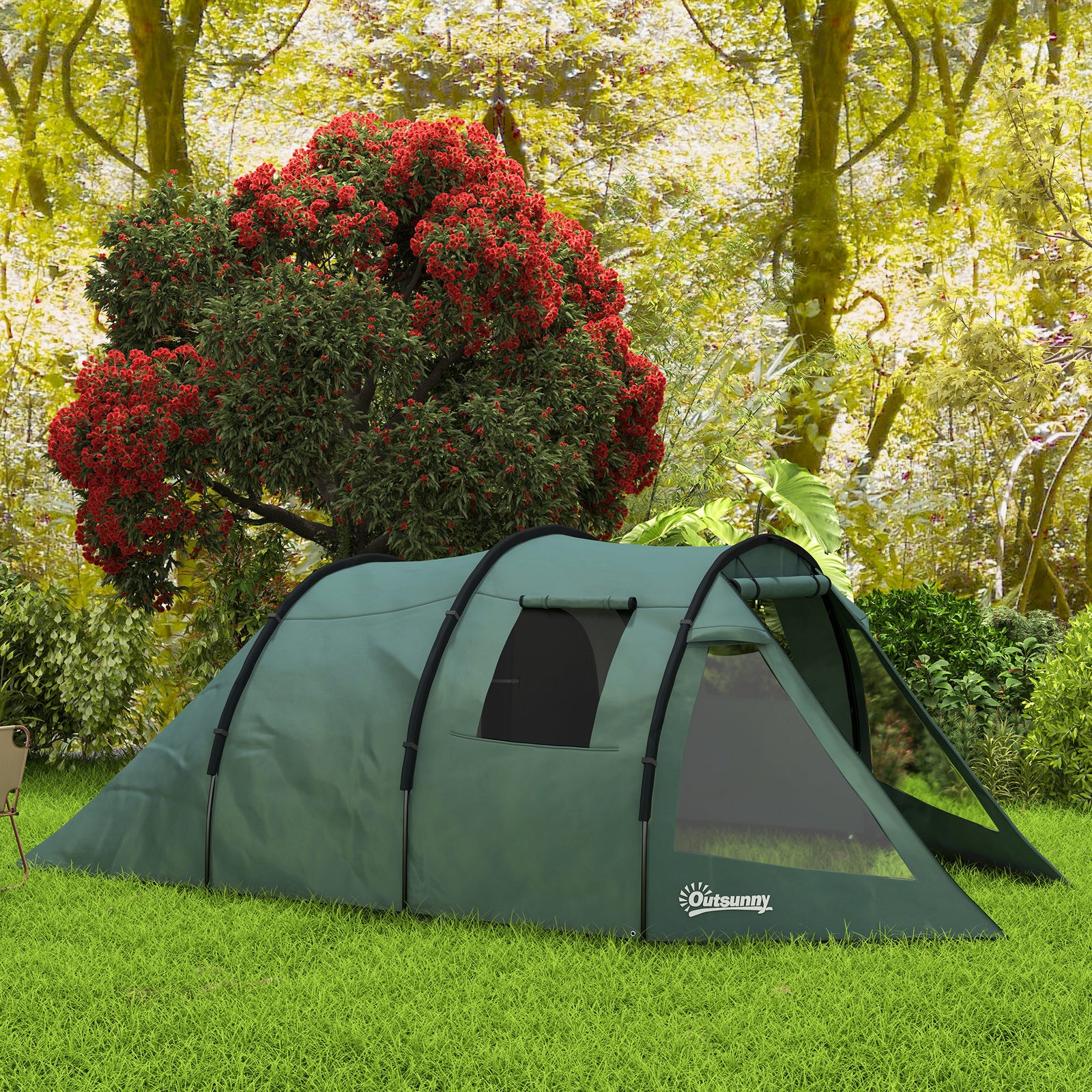 3-4 Persons Tunnel Tent, Two Room Camping Tent W/ Windows | Green