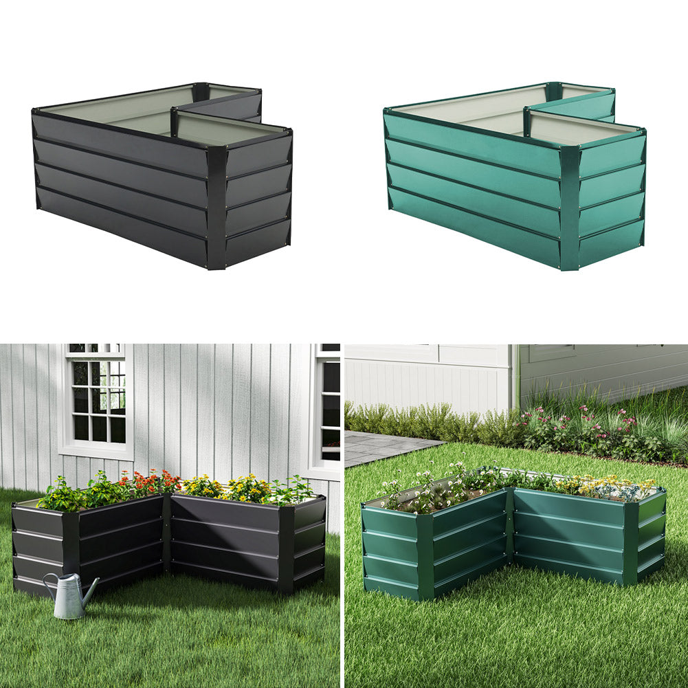 Outdoor Metal L-shaped Raised Garden Bed Garden Planter Plant | Charcoal Black