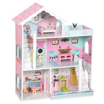 Wooden Dolls House 3-storey With 10 Accessories For 3-6 Years, Pink