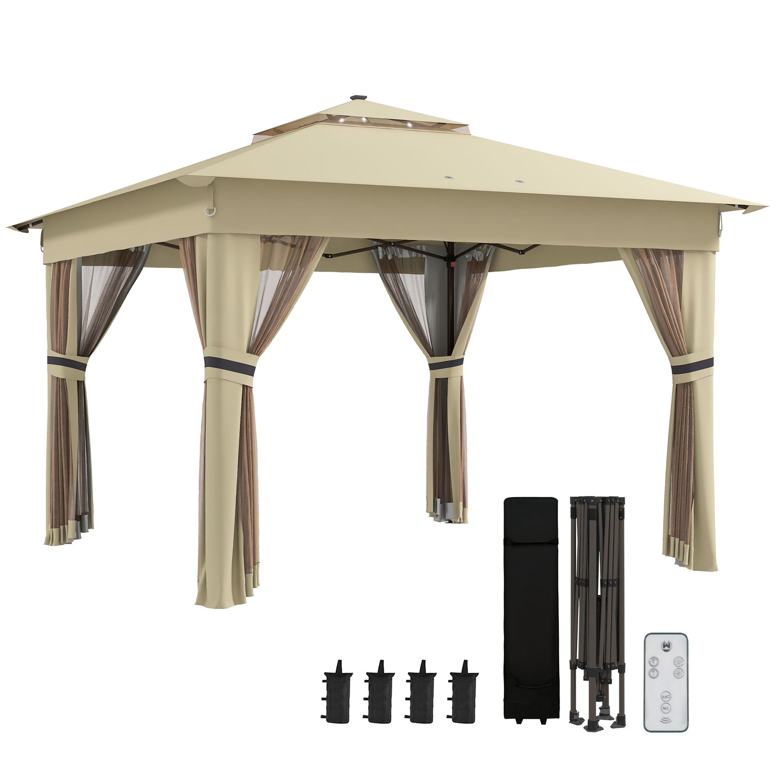 3x3(m) Pop Up Gazebo W/ Solar-powered Led Lights Curtain | Khaki