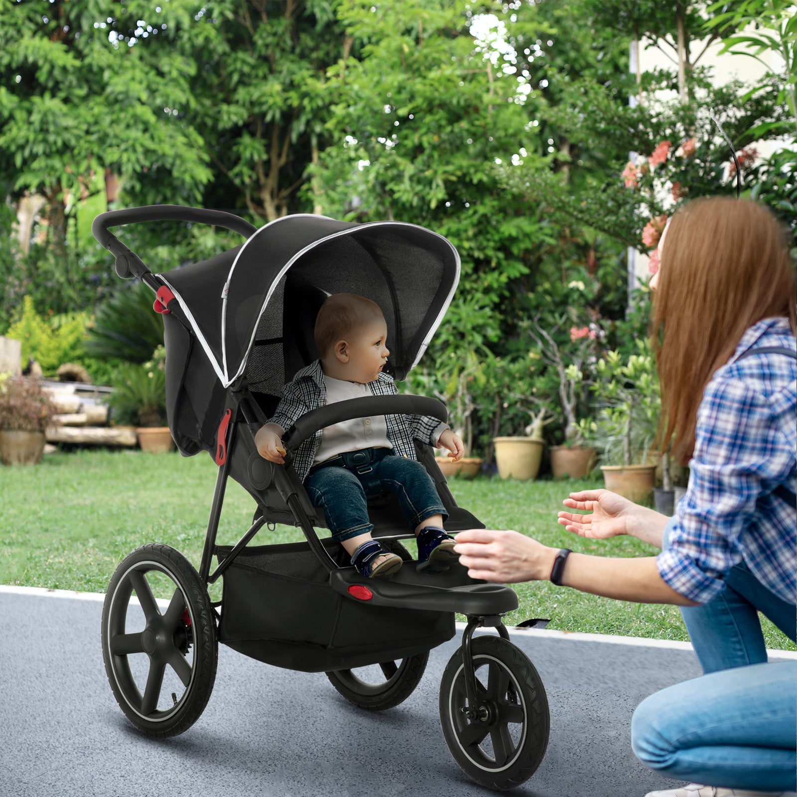 Foldable Three-wheeler Baby Stroller W/ Sun Canopy, Storage | Black