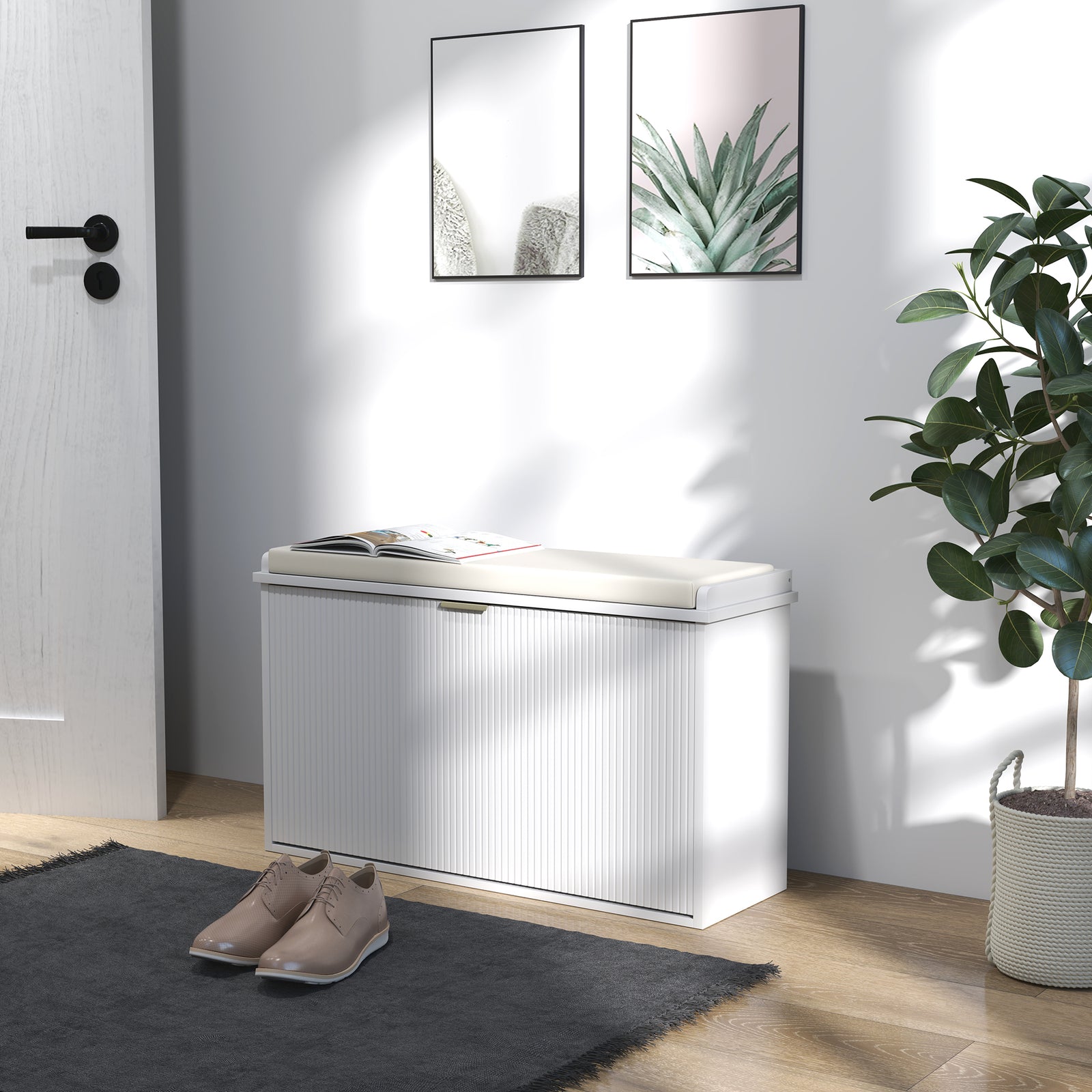Shoe Storage Bench With Cushion And Flip-drawer | Medium | White