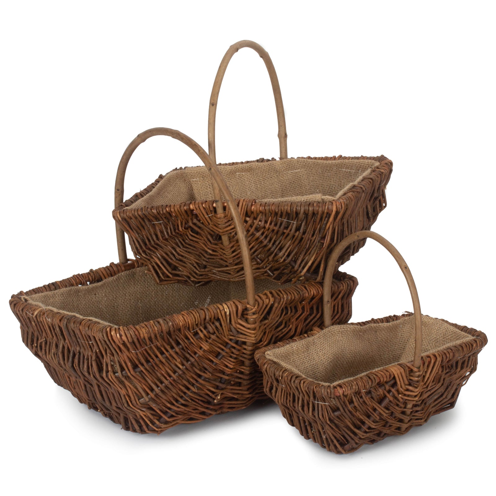 Wicker Rectangular Unpeeled Willow Garden Trug With Hessian Lining | Set-of-3 | Brown