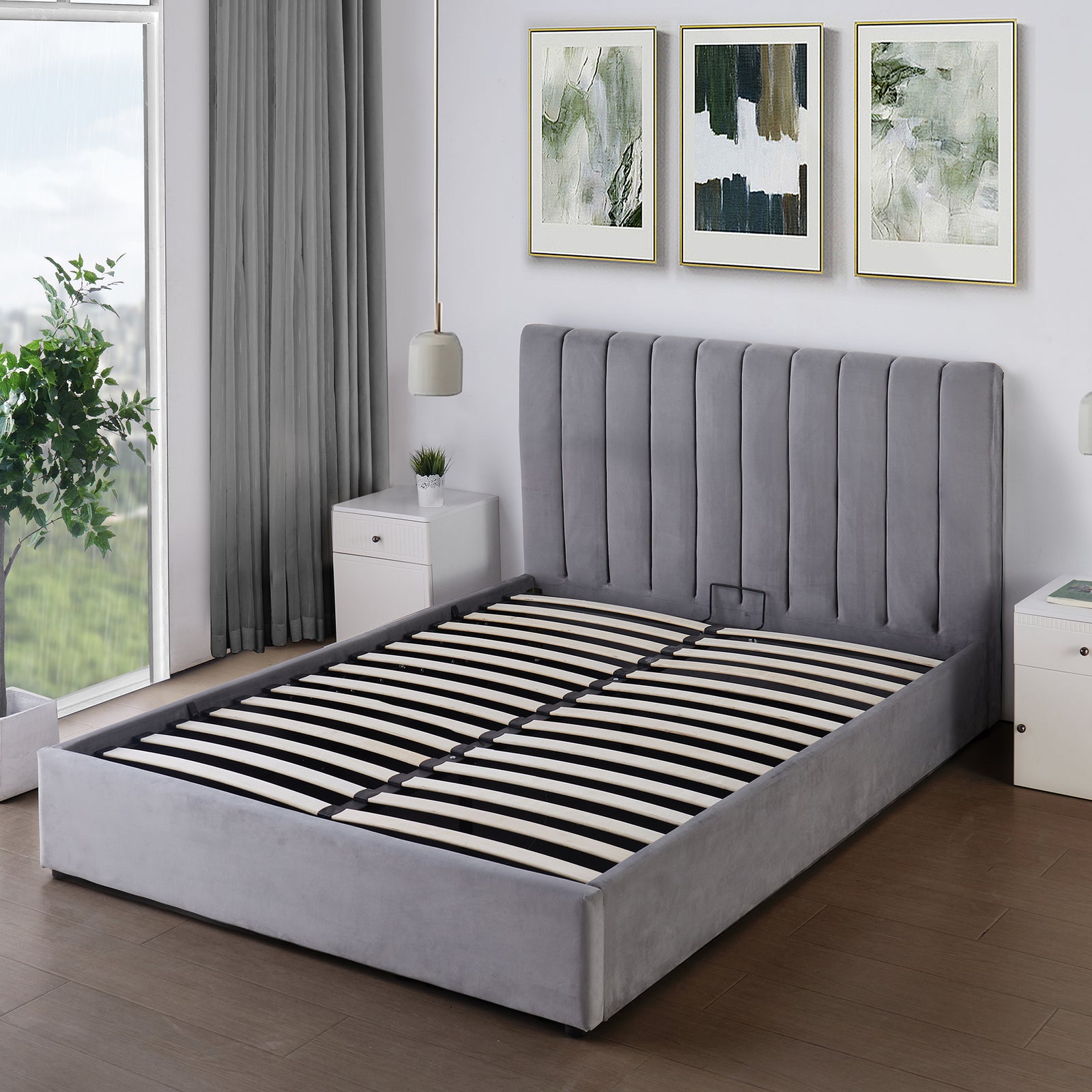 Corwin Grey Velvet Ottoman Storage Bed Frame - 4 Sizes Available | King
