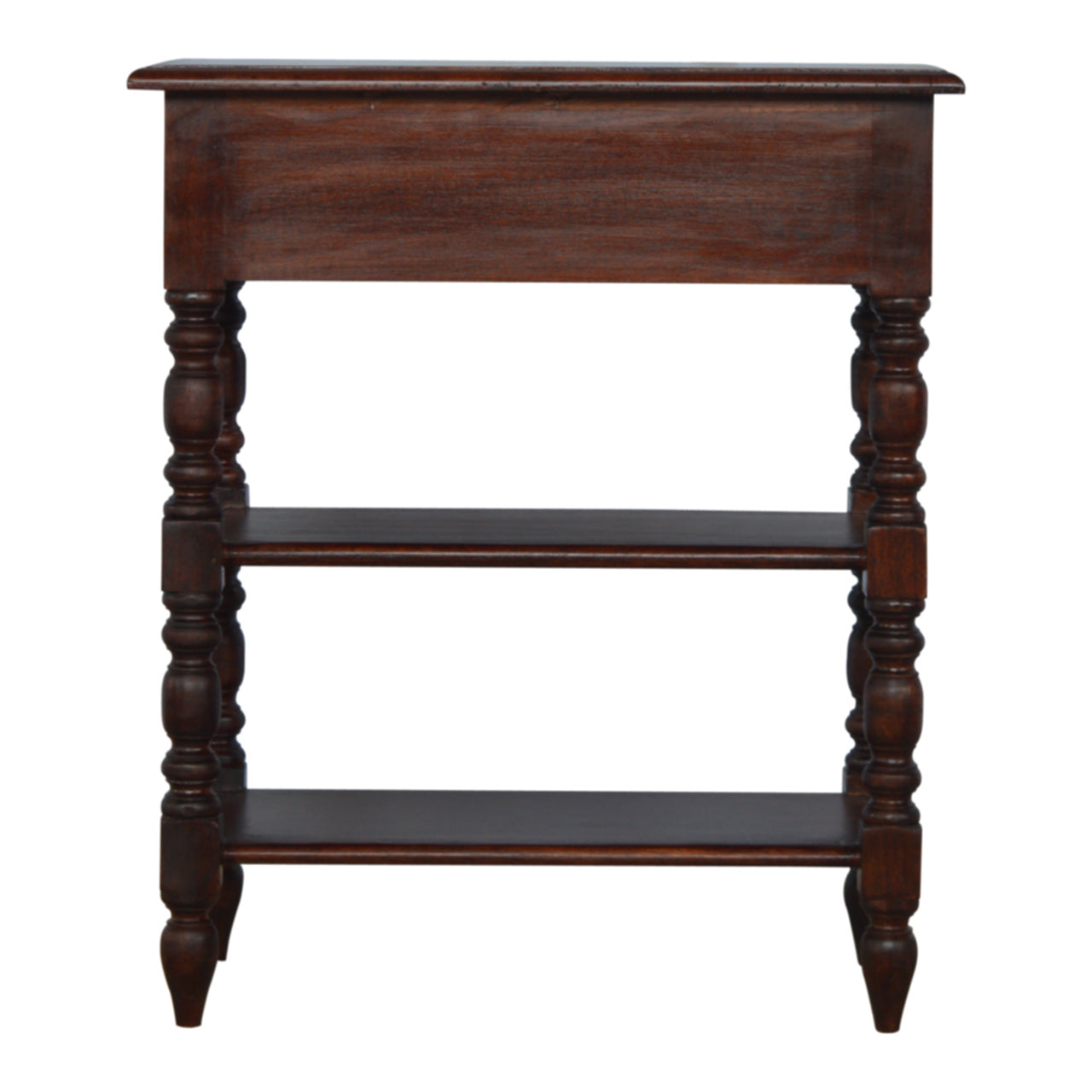 Solid Wood Turned Occasional Table, 1 Drawer and 2 Open Shelves, Dark Brown