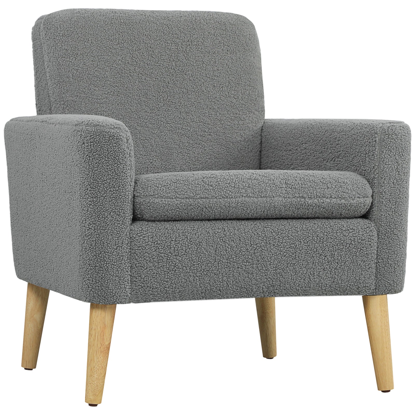 Modern Accent Chair With Wood Legs, Wide Seat, Teddy Armchair, Grey