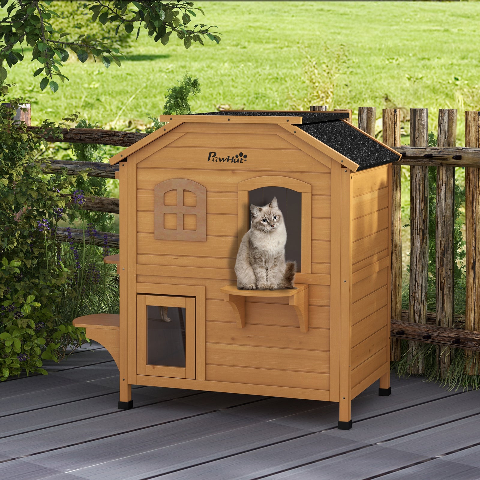 Wooden Cat House Cat Cave Pet Shelter Condos Outdoor | Brown