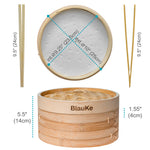 BlauKe Bamboo Steamer Basket 25cm With Chopsticks, Tongs, 50 Paper Liners - 2-tier Food Steamer For Cooking Dumplings Vegetables