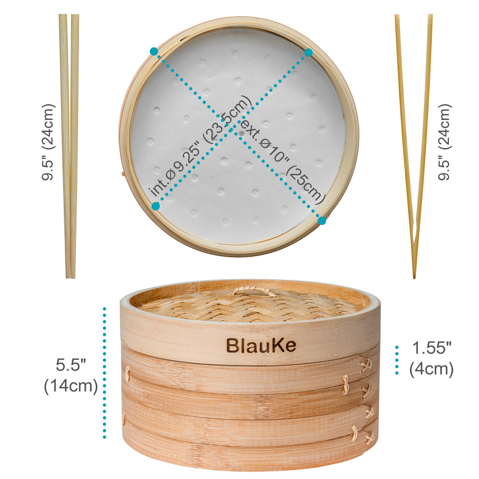 BlauKe Bamboo Steamer Basket 25cm With Chopsticks, Tongs, 50 Paper Liners - 2-tier Food Steamer For Cooking Dumplings Vegetables