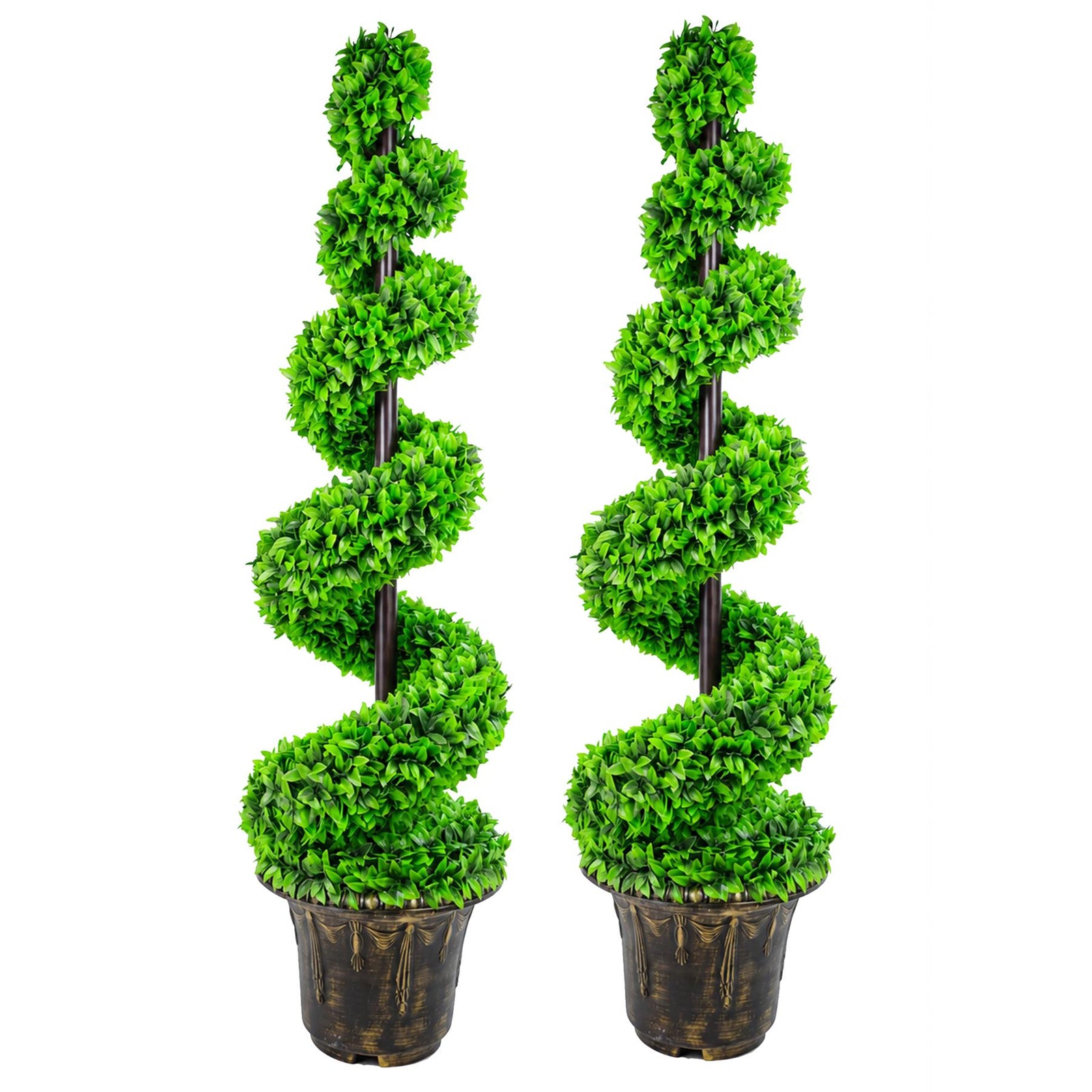 120cm Pair Of Green Large  Spiral Topiary Trees With Decorative Planters