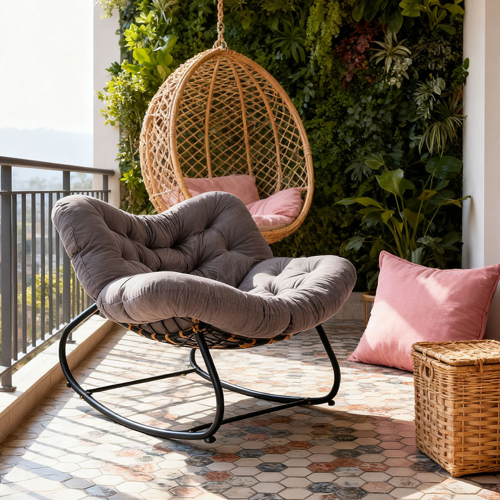 Elegant Rattan Rocking Chair With Cushioned Seat – Stylish And Comfortable Relaxation | Grey