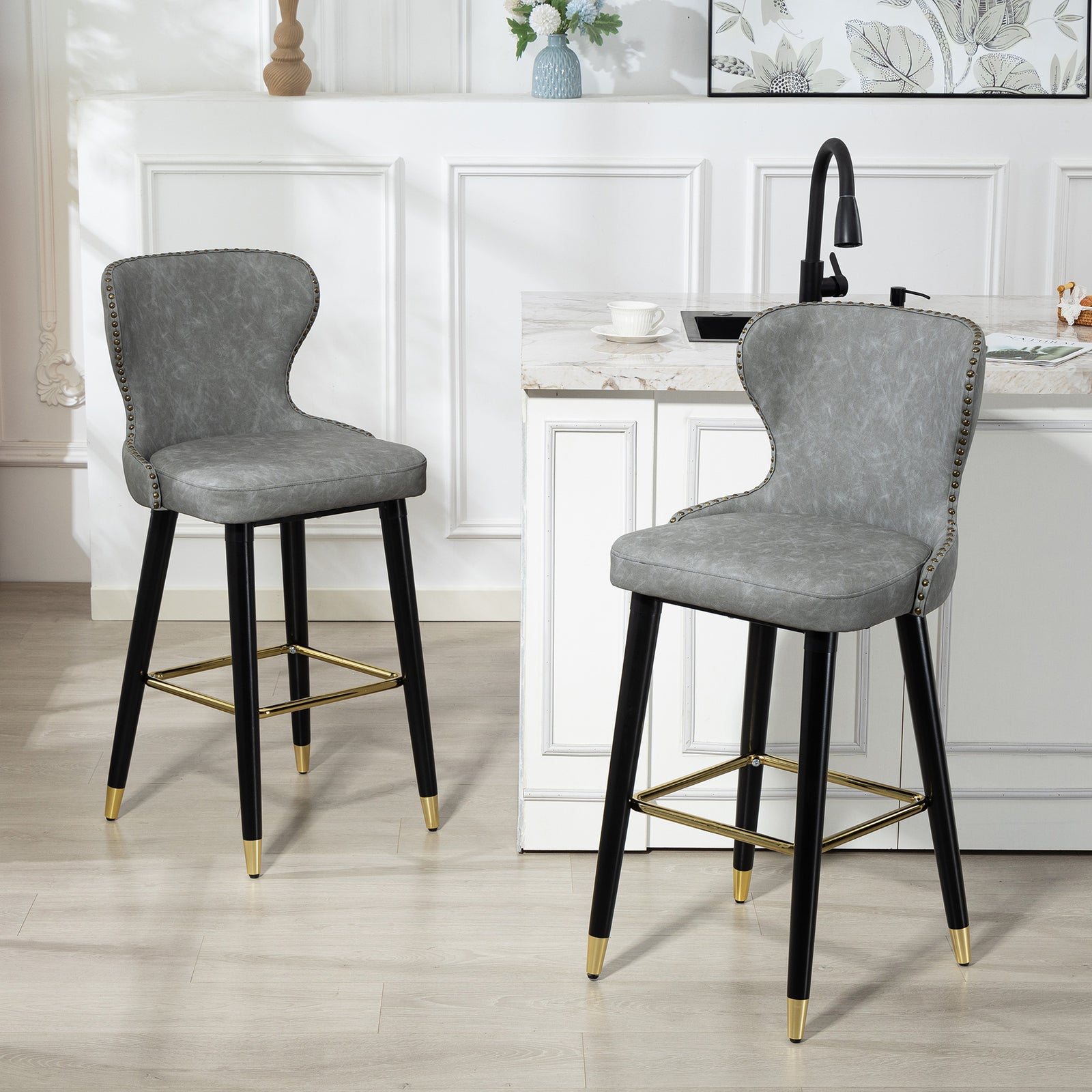 Bar Stools Set Of 2, Dining Stools With Backrest, Footrest, Grey