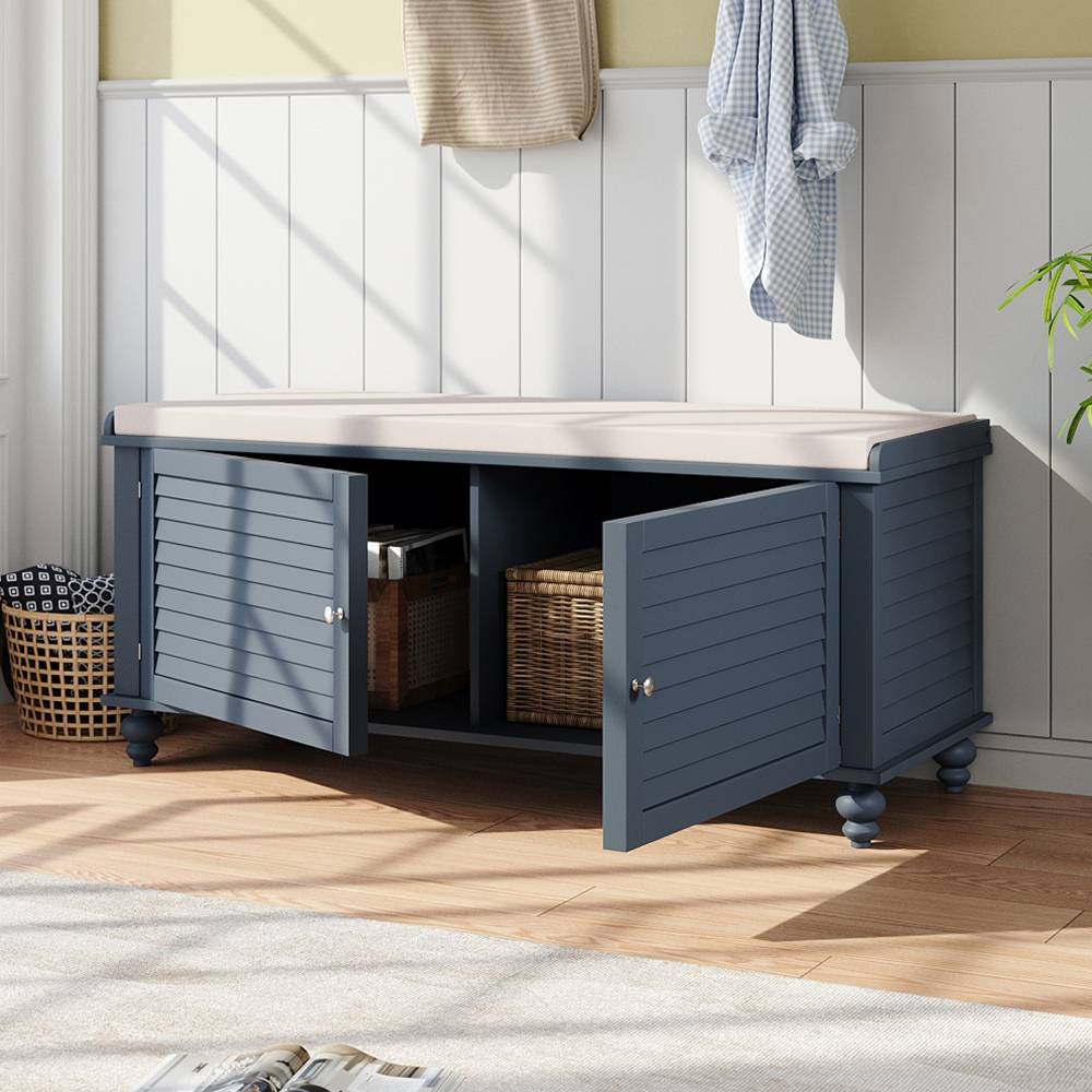 Wooden Shutter Door Shoe Cabinet Storage Bench With Linen Cushion