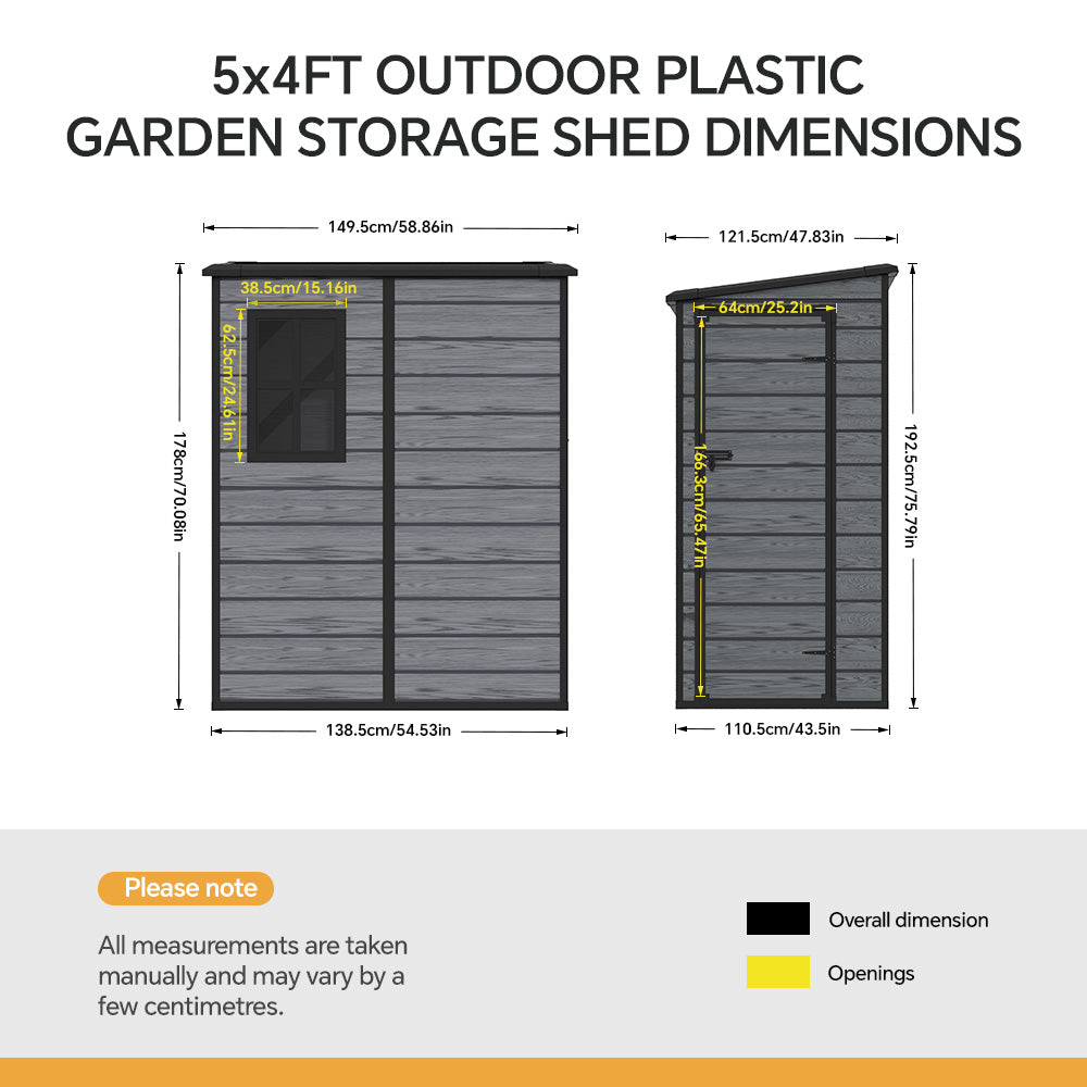 5x4 Ft Outdoor Plastic Storage Shed With Floor & Window, Lockable, Wood Grain Design