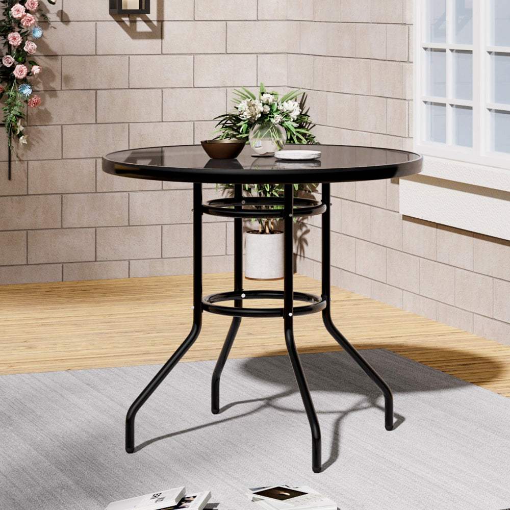 Round Metallic And Tempered Glass Garden Table With Parasol Hole Outdoor - 80cm/105cm Dia X 72 Cm H | Medium | Black