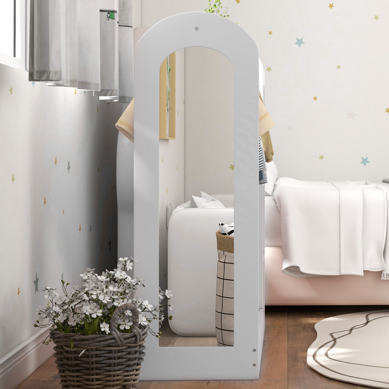 Kids Cloth Rail With Storage Shelf, Boxes, Mirror For Bedroom | White