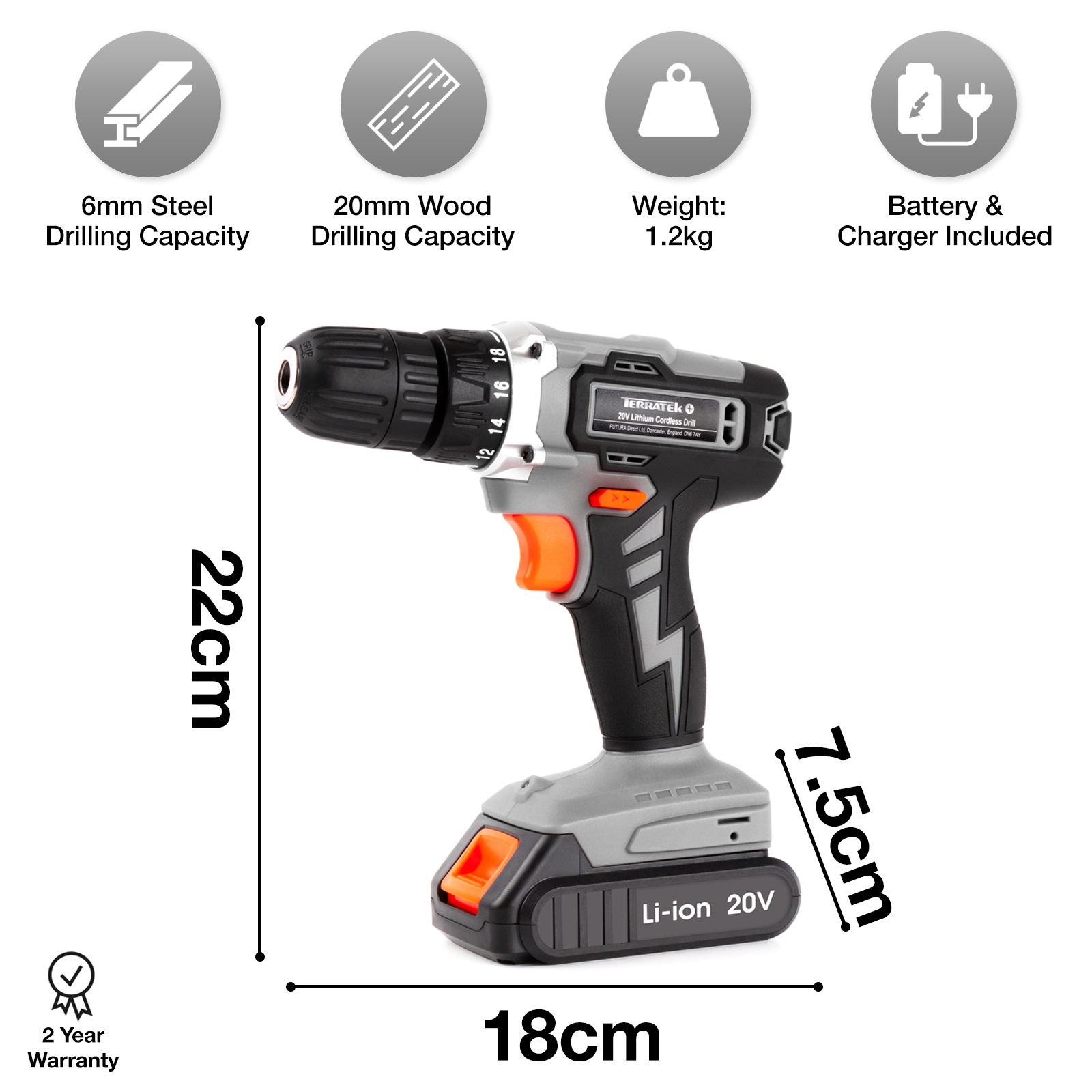 20v Cordless Drill & Drill Bit Set 20v 1 Hr Fast Charge Battery & Charger Included | 13 Piece Kit – 1x Battery + Charger + Carry Case | Grey