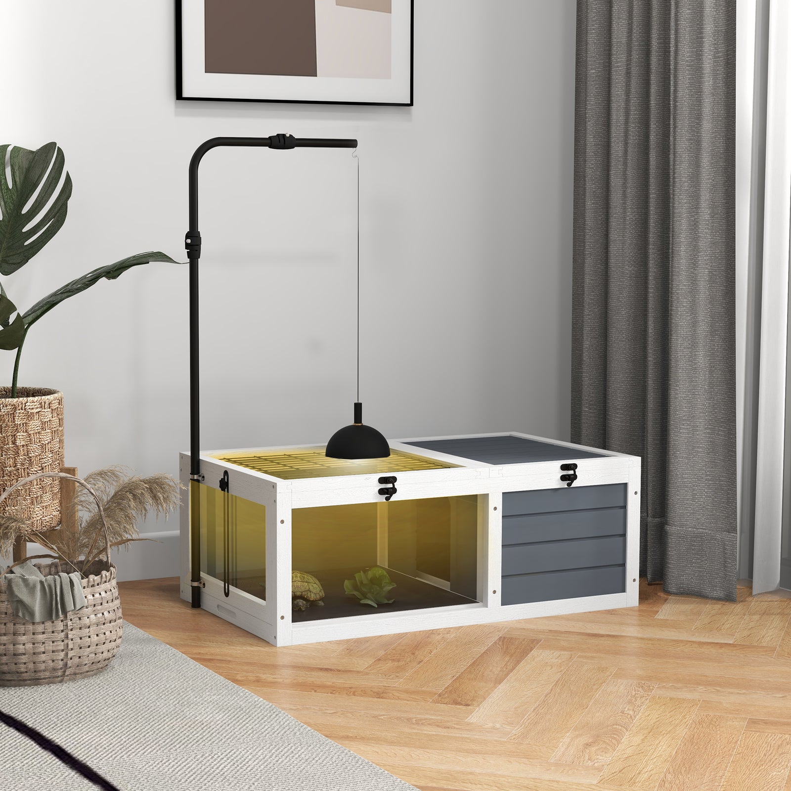 Tortoise House, Wooden Tortoise Table W/ Adjustable Lamp Holder - Grey