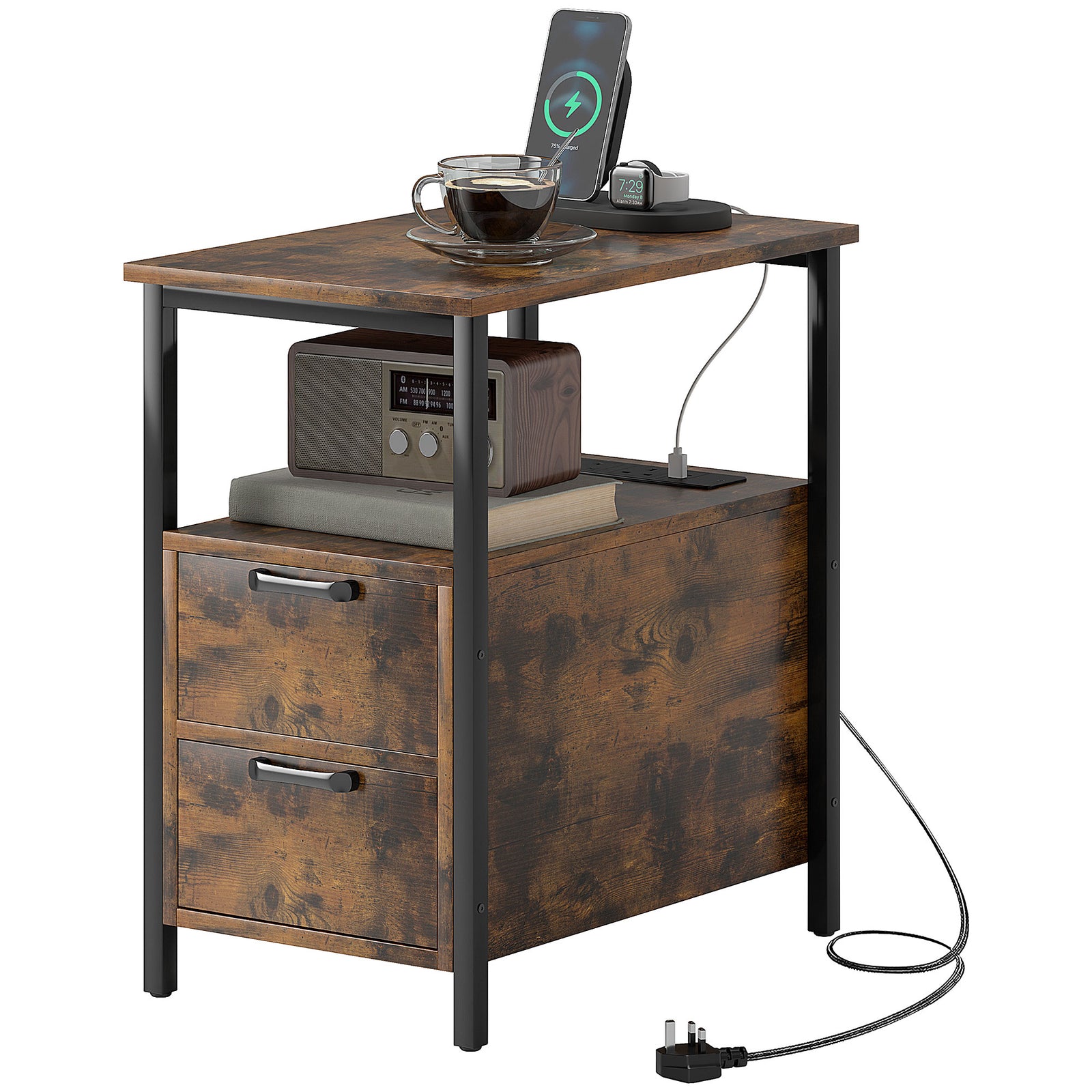 Bedside Table W/ Charging Station, Rustic Brown
