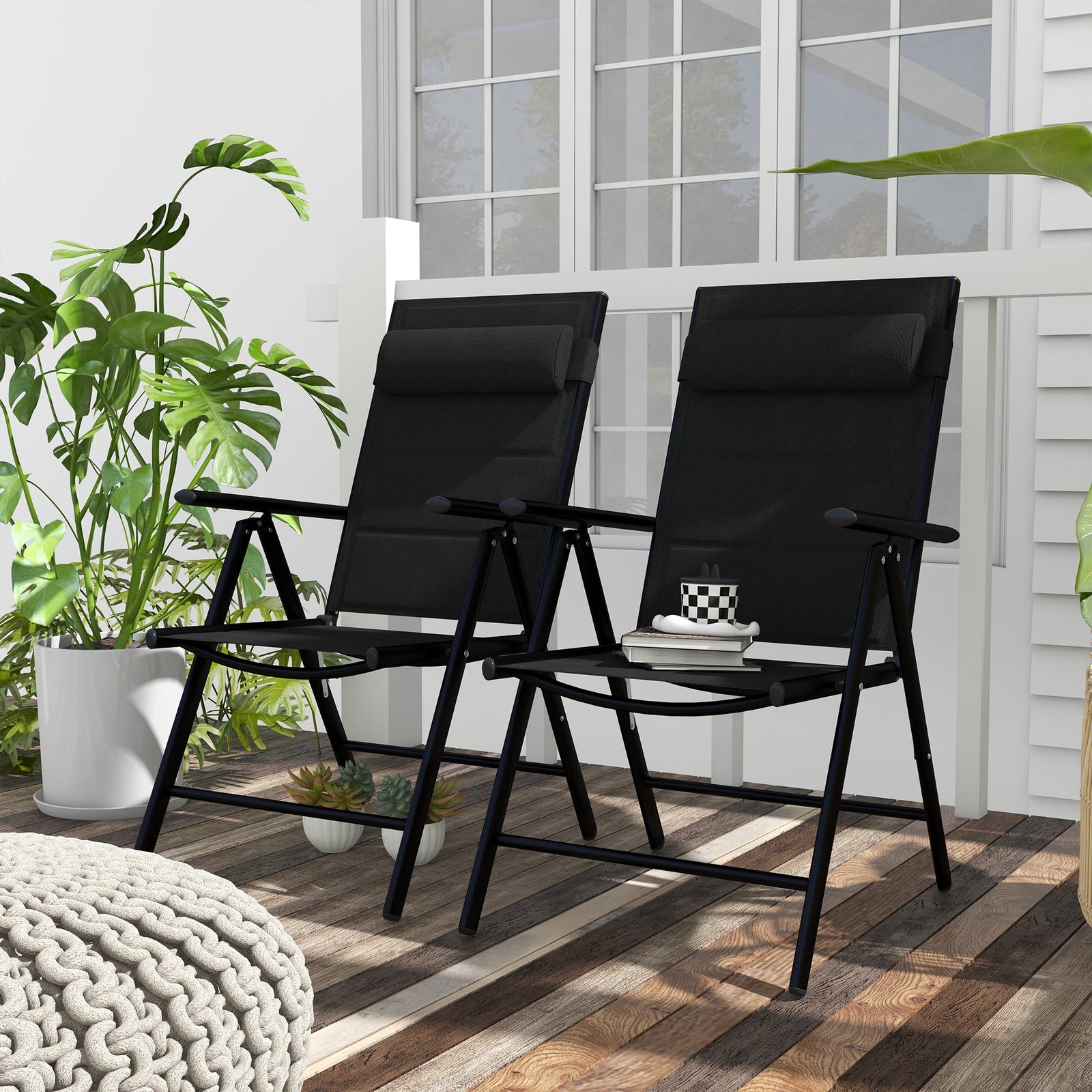 Set Of 2 Patio Folding Chairs With Adjustable Back | Black