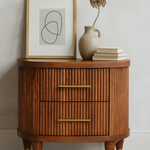 Solid Wood Ribbed Bedside With Brass Accents, 2 Drawers, Light Brown