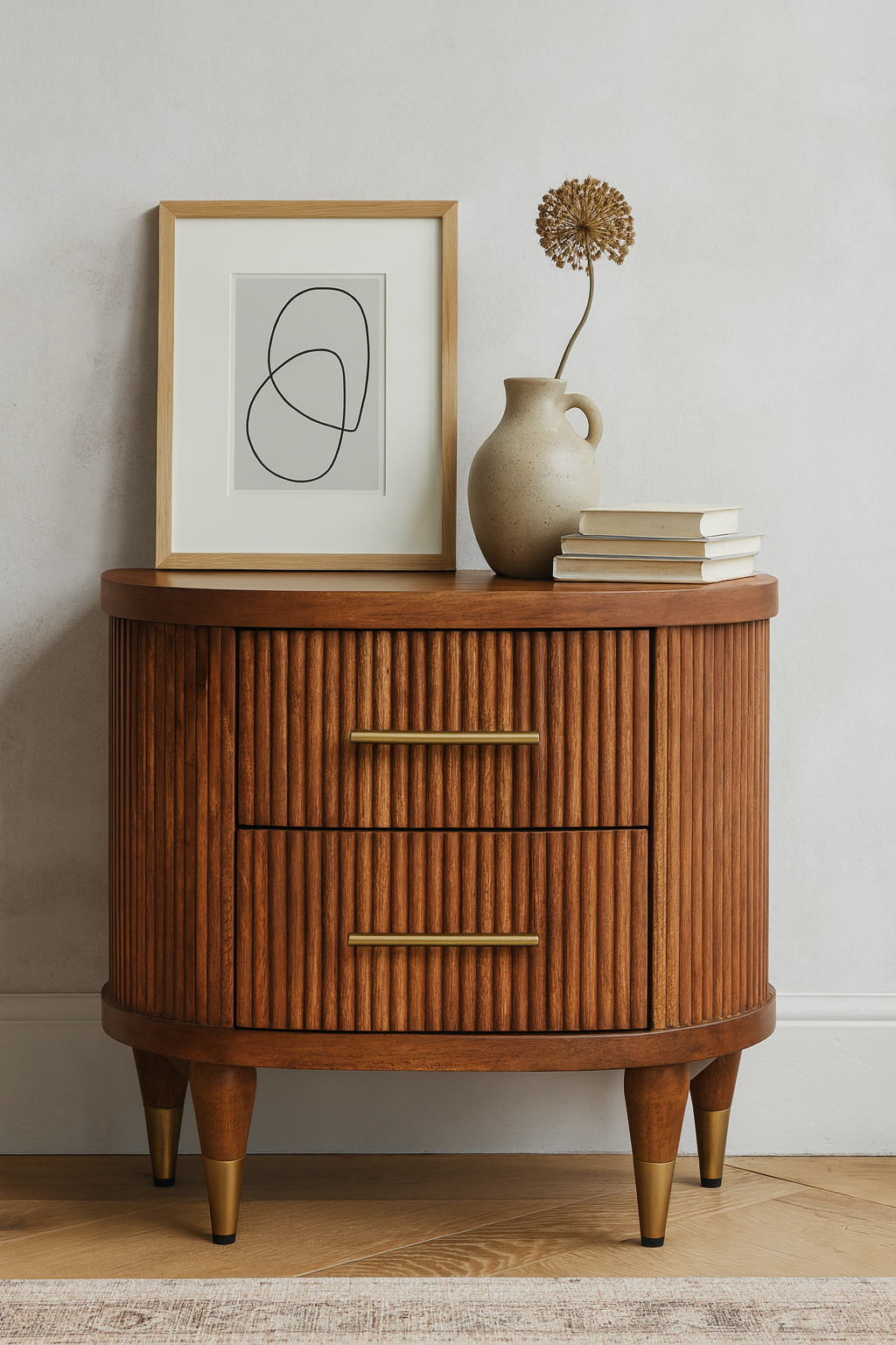 Solid Wood Ribbed Bedside With Brass Accents, 2 Drawers, Light Brown
