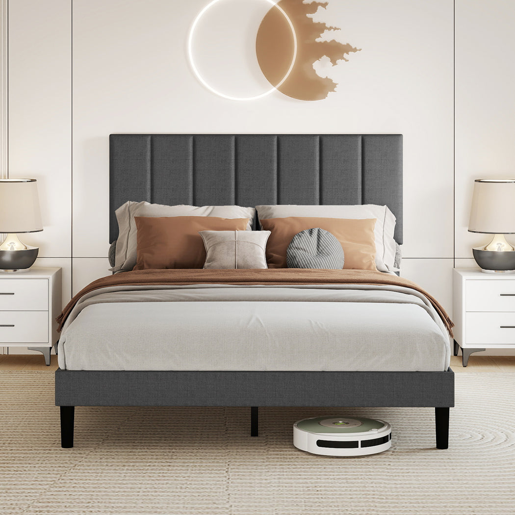 Upholstered Linen Bed Frame With Foam Headboard | Small Double | Dark Grey