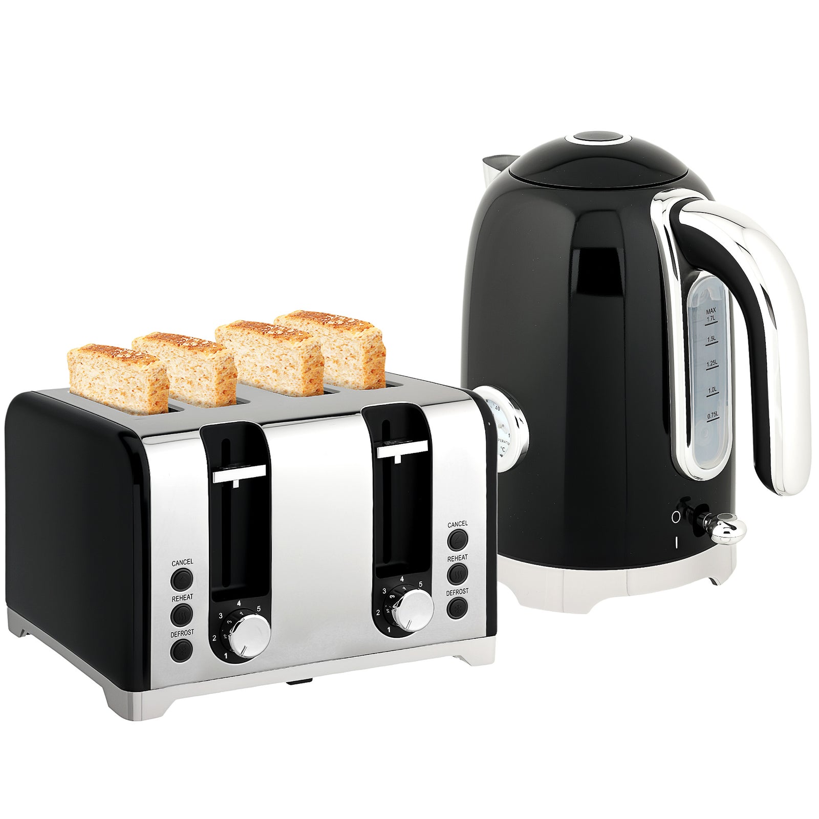 3000w 1.7l Kettle With Retro Thermometer, 4 Slice Toaster Set | Black