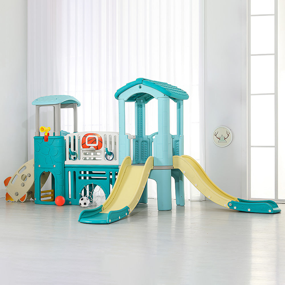 Large Toddler Playground Slide And Climber Playset With Double Slides, Basketball Hoop, Soccer Net & Playhouse Indoor Outdoor Kids Activity Center