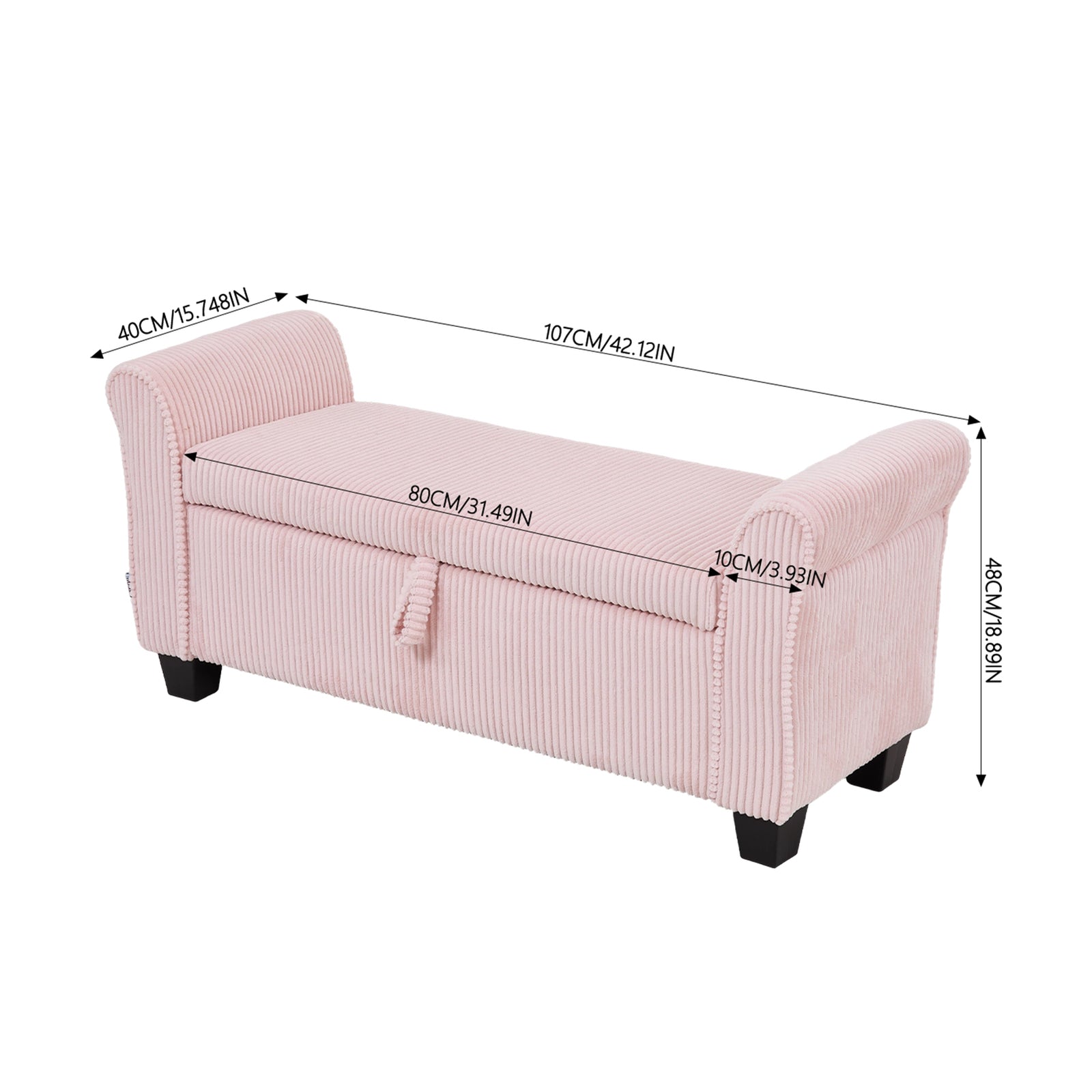 Corduroy Upholstered Storage Bench With Armrests | Pink