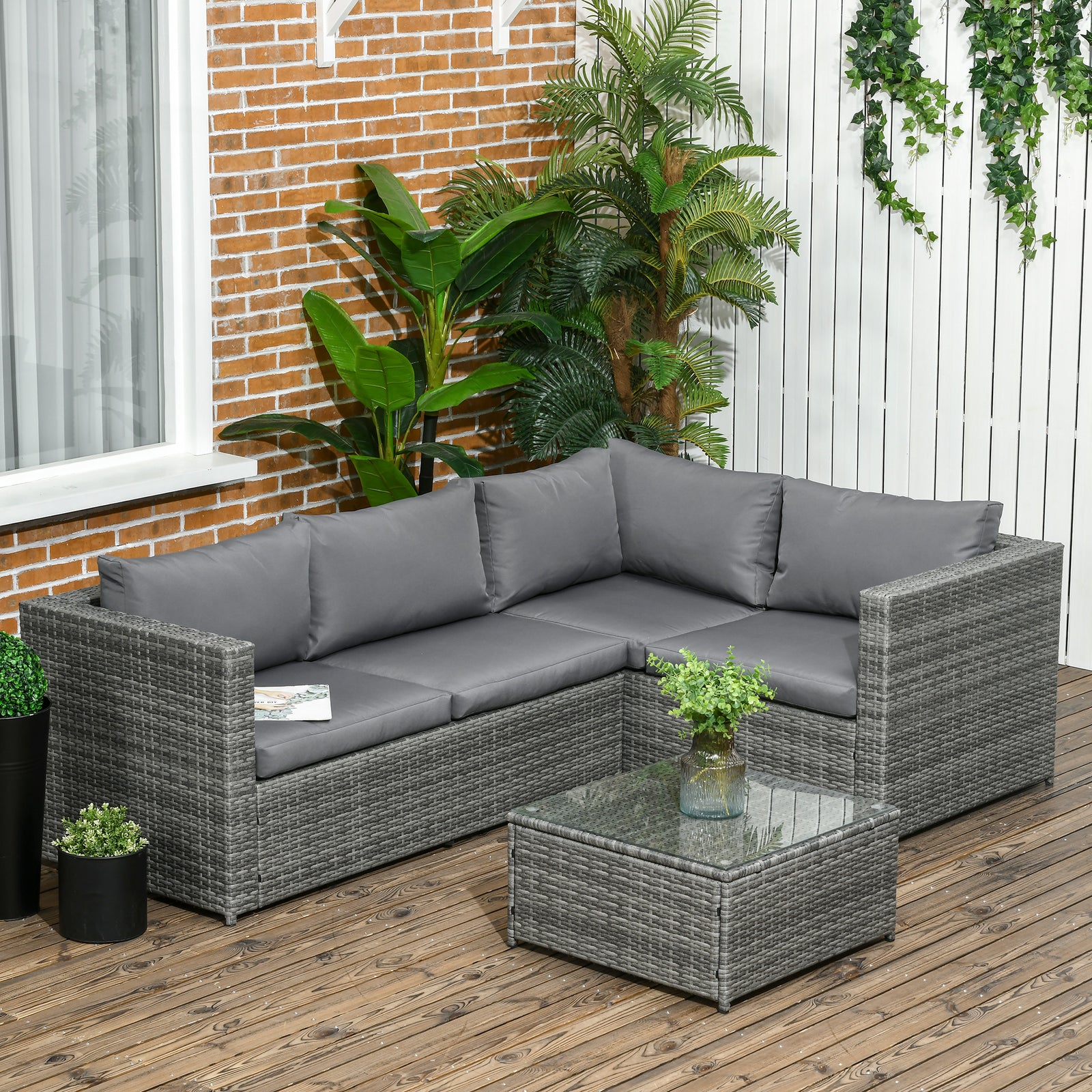 3pcs Rattan Dining Sofa Set Table Garden Furniture Outdoor | Gray