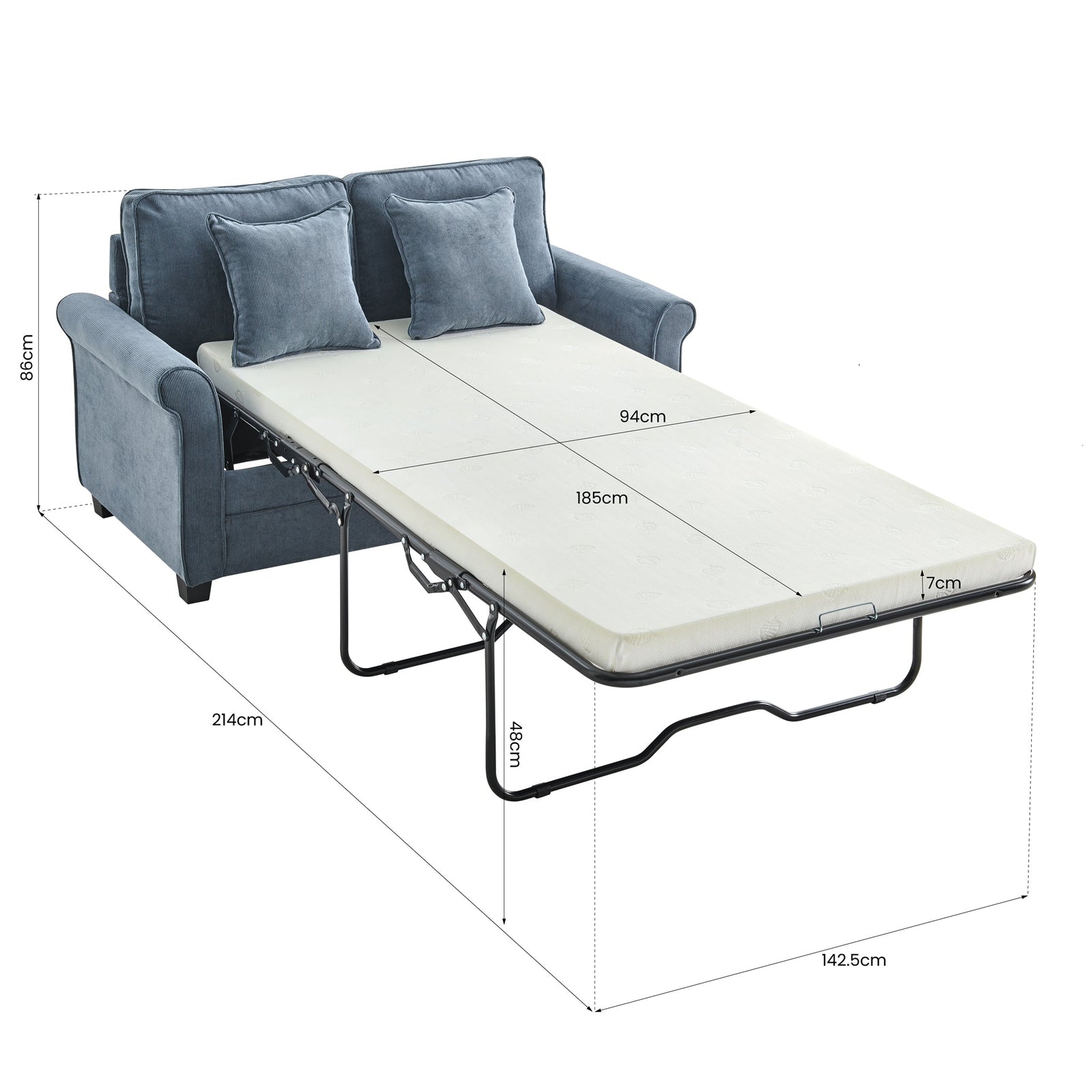 Corduroy Fold Out Mattress Sofa Bed - 2 Seater | Blue